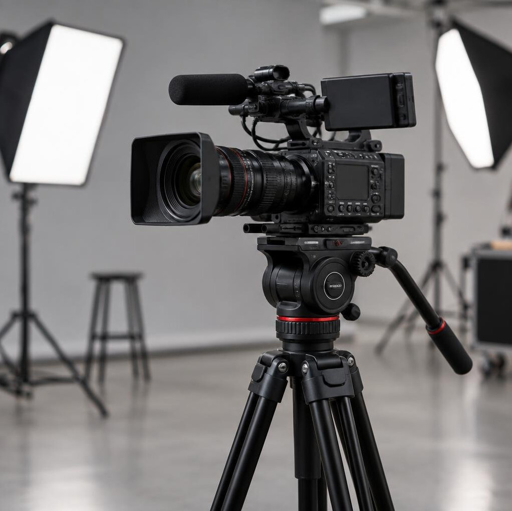 Professional video camera mounted on a tripod in a studio