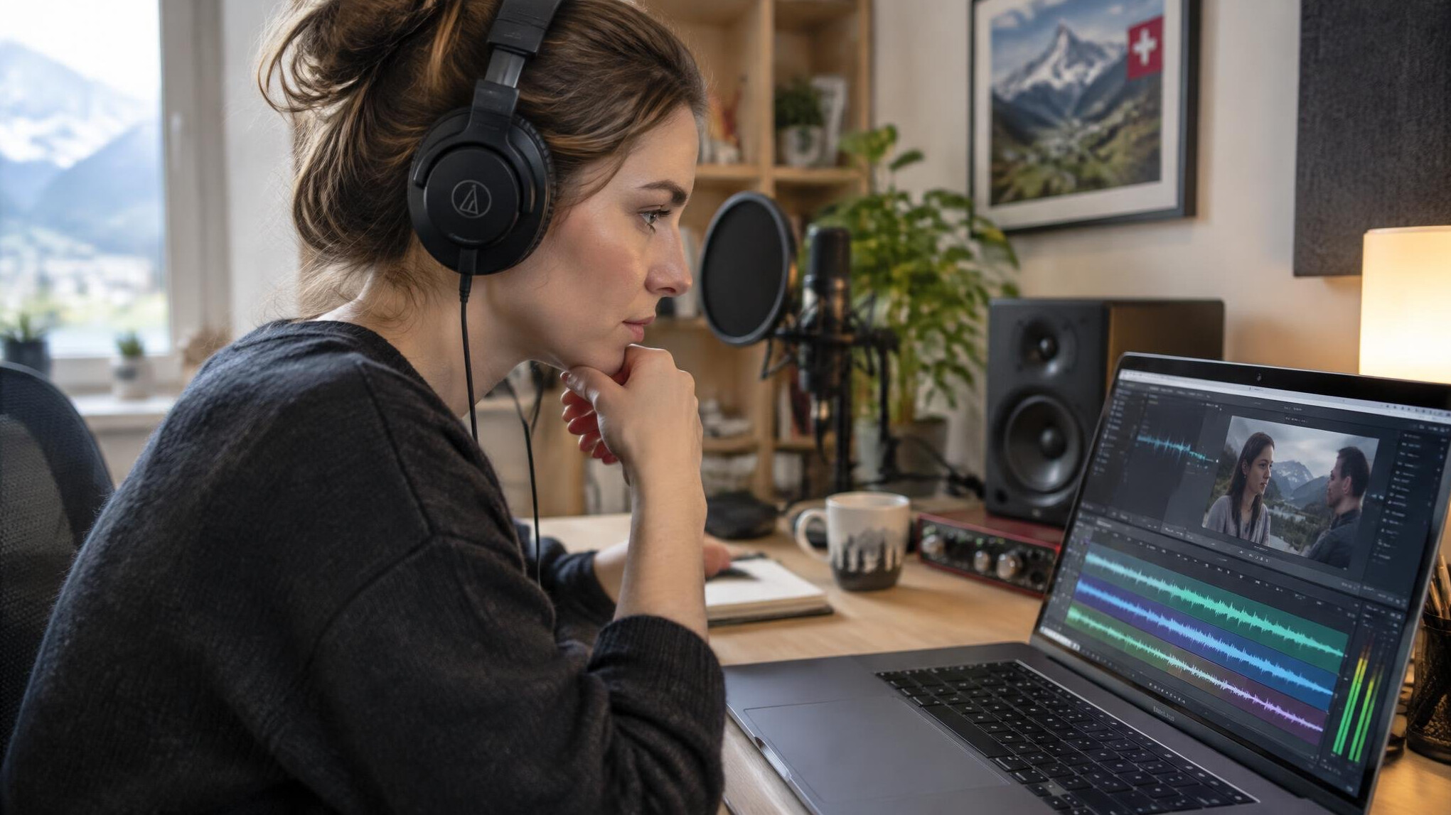 Filmmaker reviewing dialogue edit on a laptop with headphones