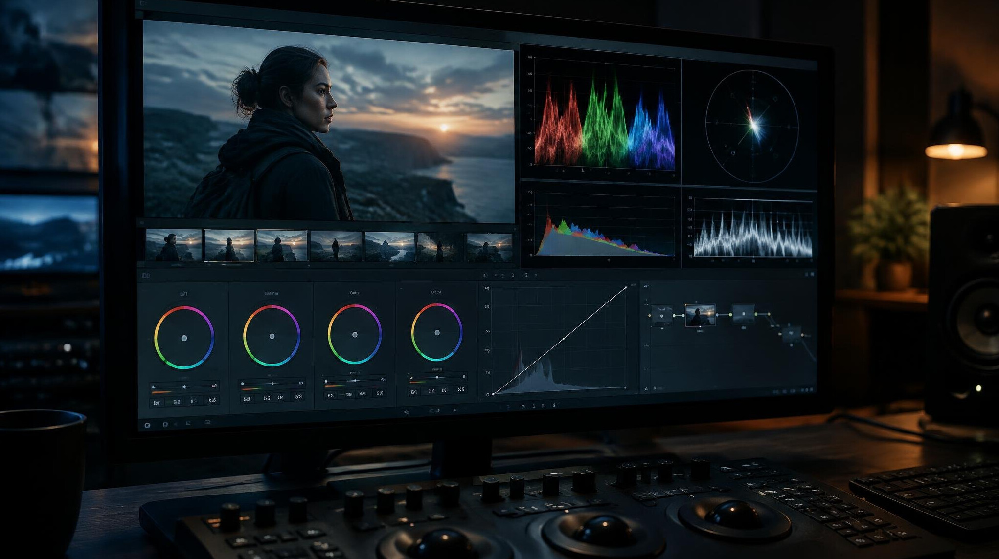 Colour grading monitor showing a waveform scope and colour wheels