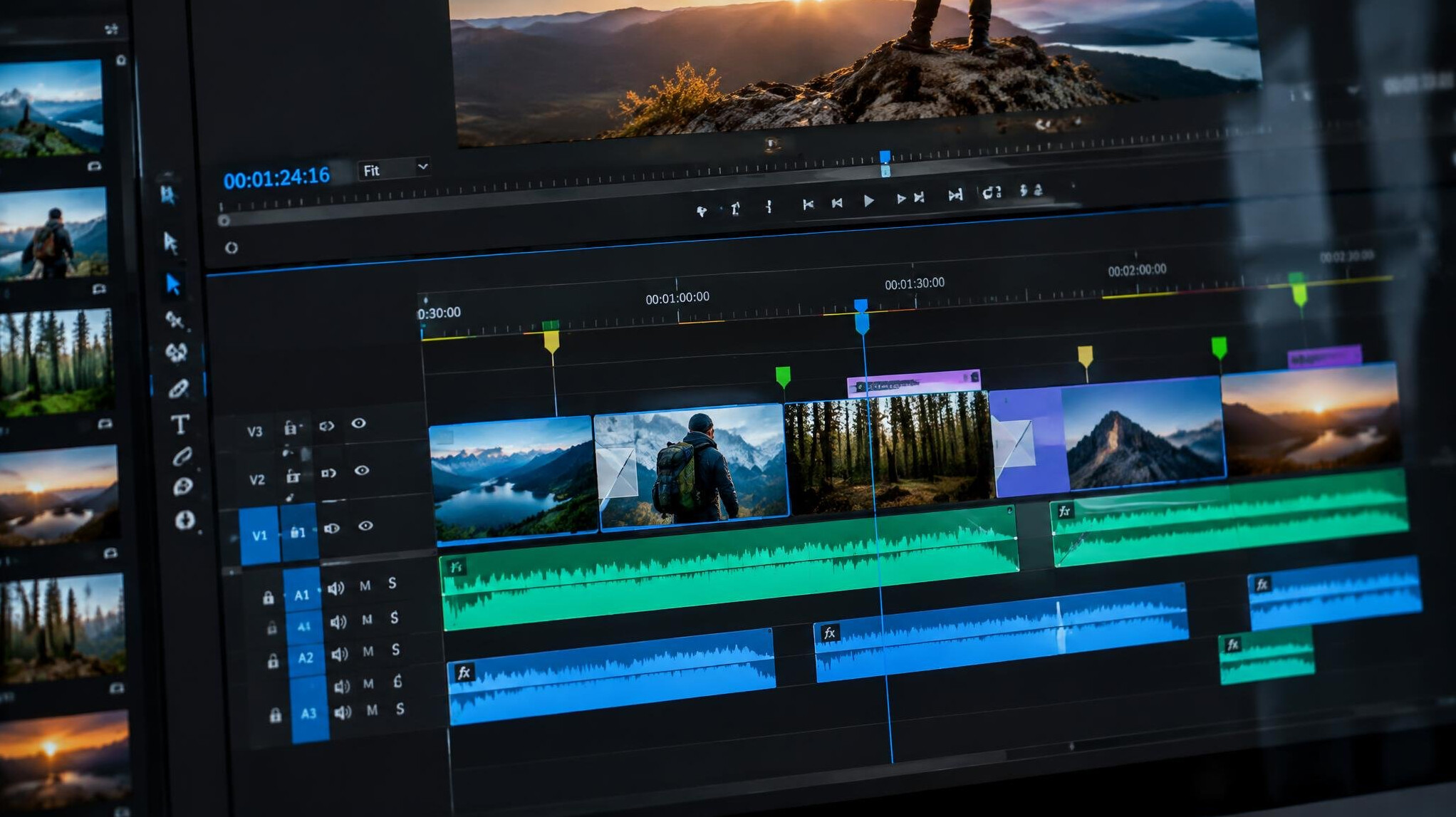 Close-up of a video editing timeline with clips and markers on screen