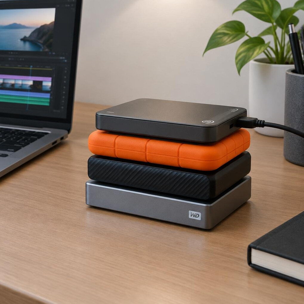 Stack of external hard drives used for video project backups