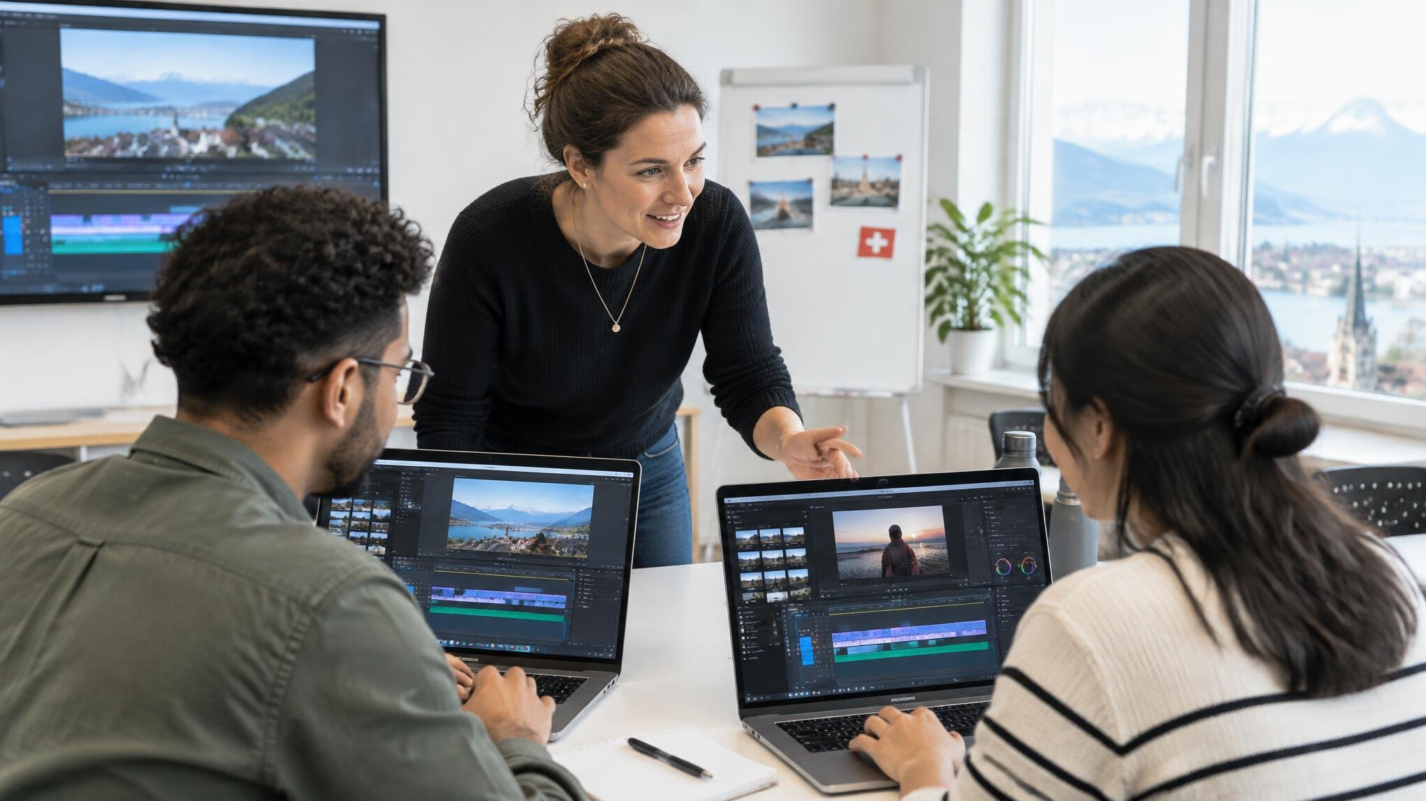Instructor guiding a small workshop group at computer workstations