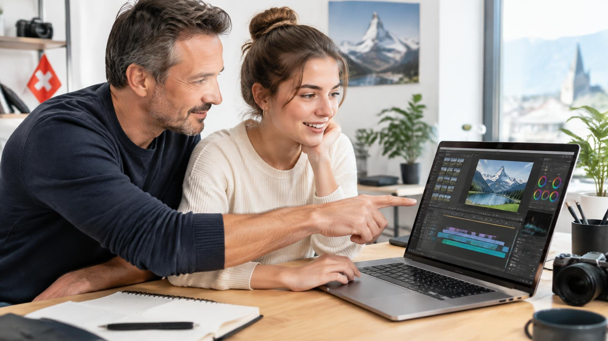 Mentor and student discussing a video project on a laptop screen