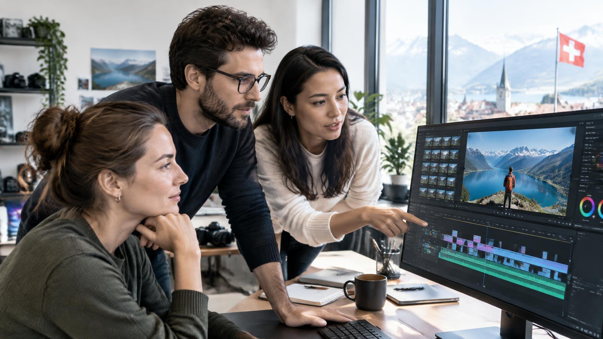Small editorial team reviewing a video project together in a bright studio