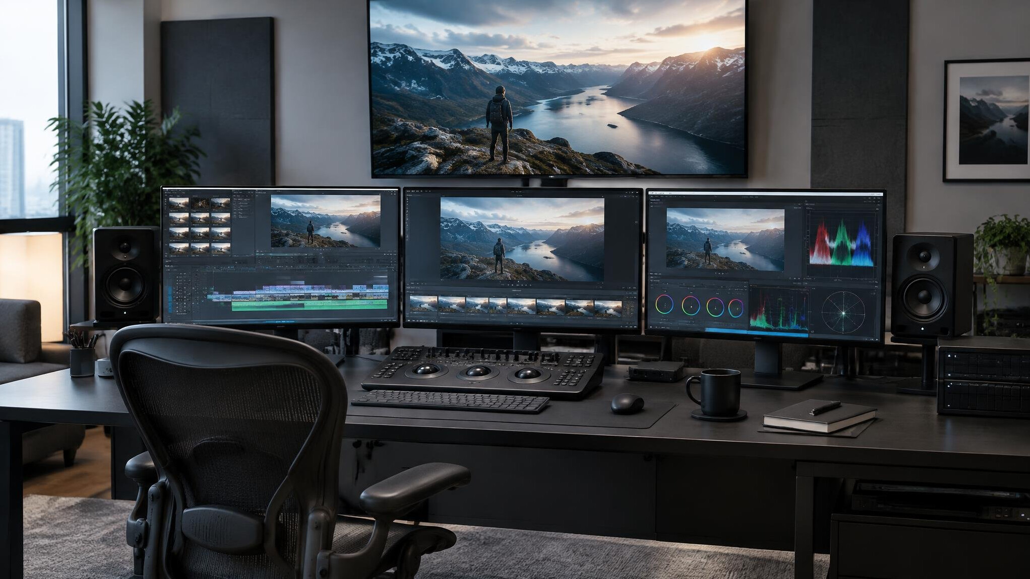 Wide shot of an editing suite with monitors displaying a finished sequence