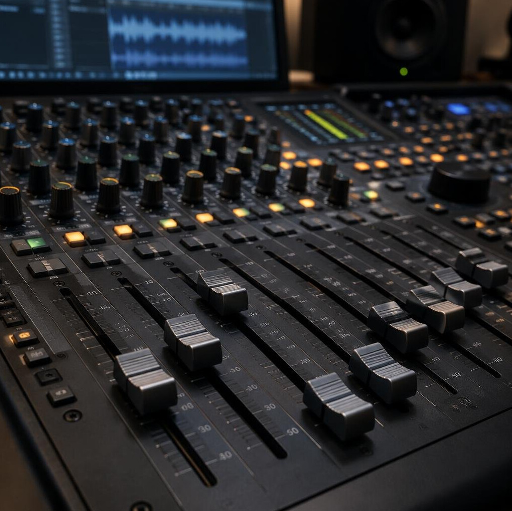 Audio mixing console with faders used for sound post-production