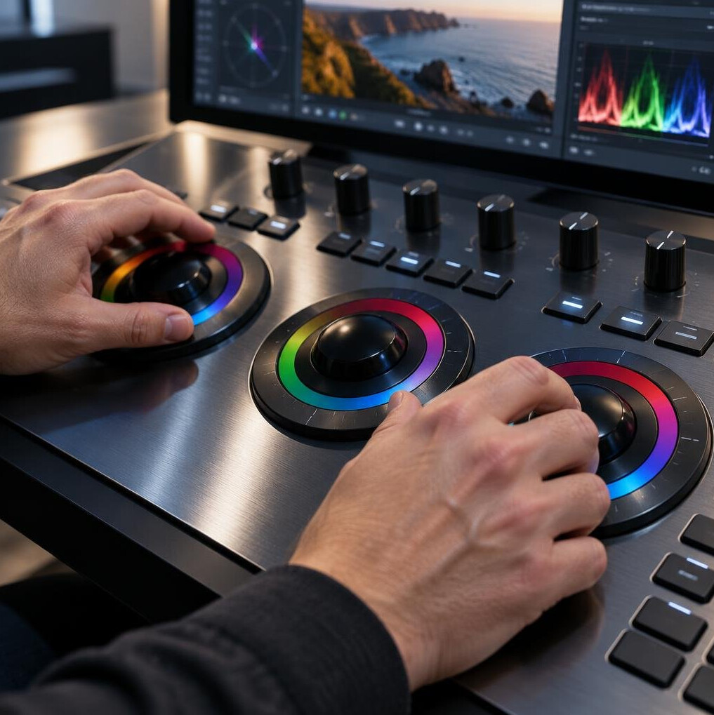 Editor adjusting colour wheels on a grading control panel