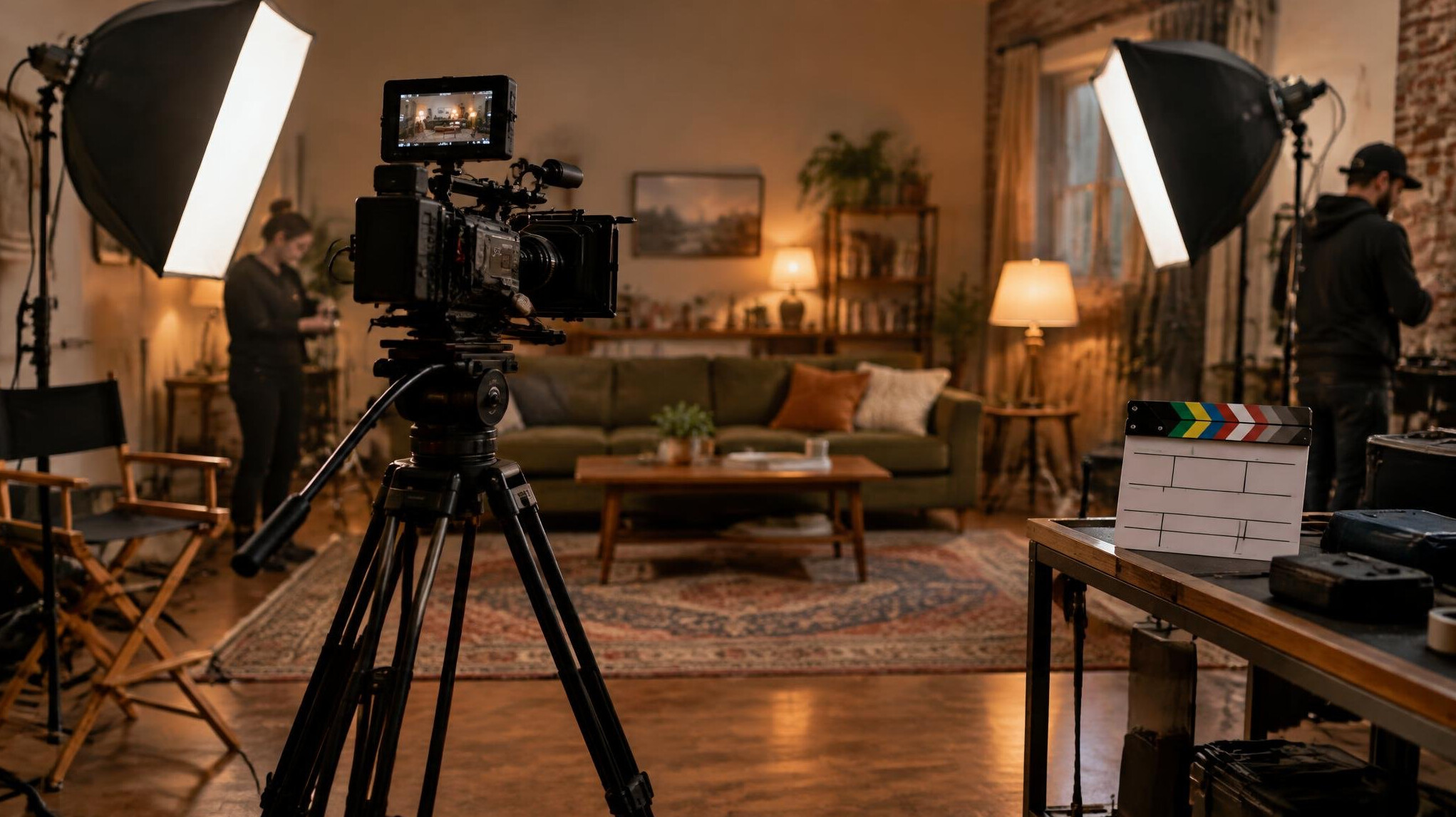 Film production set with camera equipment and lighting rig