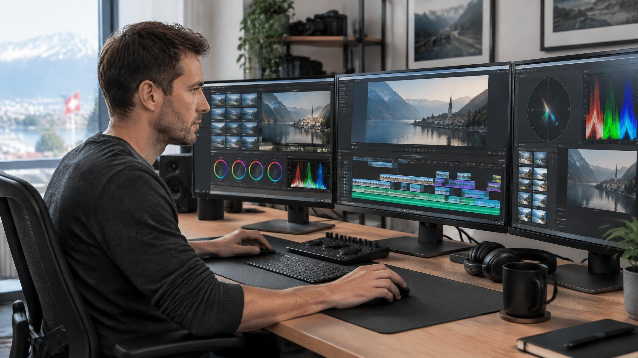 Video editor working on a colour-graded timeline on multiple monitors